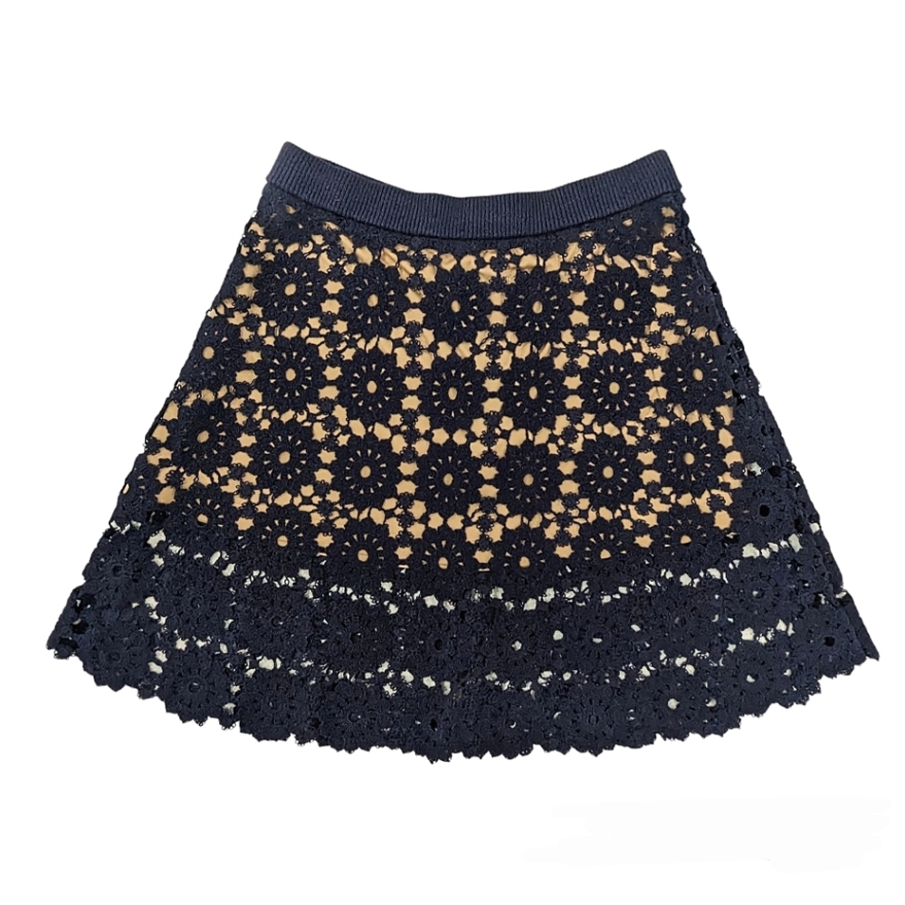 Michael Kors Women Crochet Lace Navy Blue Nude Lining A-Line Mini Skirt Size M